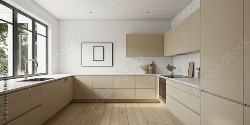 Wallpaper Mural Modern minimalist kitchen, light wood cabinets, white subway tile backsplash, stainless steel appliances, large windows, natural light, neutral color palette, sleek design, open concept, clean lines,  Torontodigital.ca