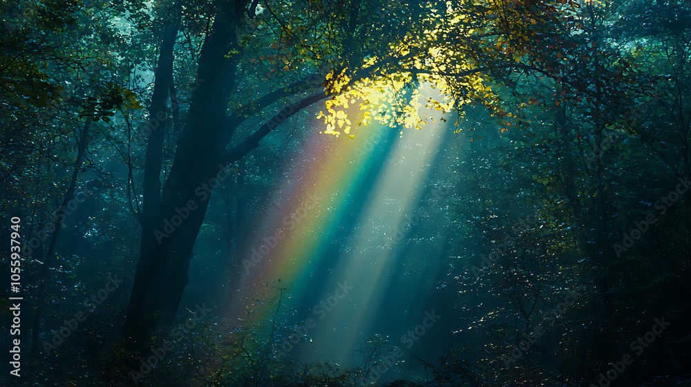 Fototapeta premium Ethereal sunlight creating a rainbow in a misty forest