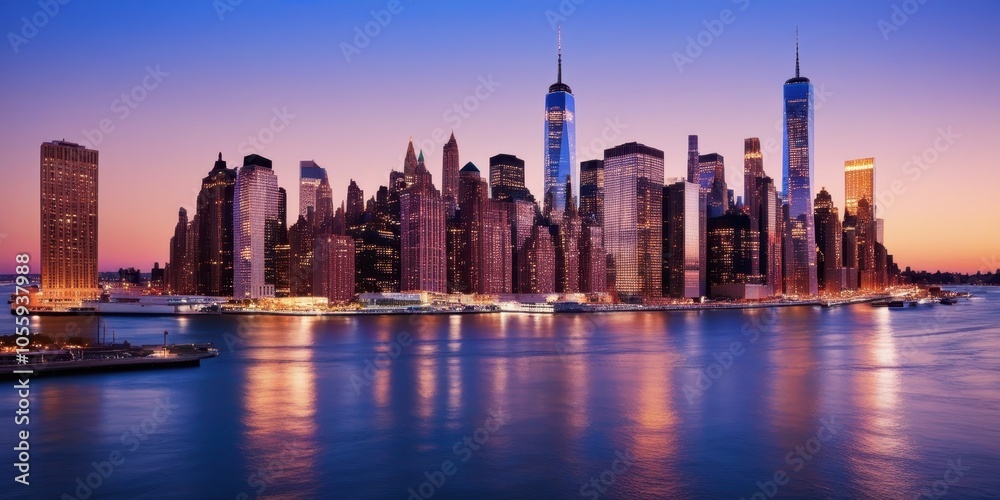 New York City skyline, Manhattan, iconic skyscrapers, Freedom Tower, sunset, golden hour, East River, city lights, reflections on water, urban landscape, panoramic view, cityscape, dusk, illuminated b New York City skyline, Manhattan, iconic skyscrapers, Freedom Tower, sunset, golden hour, East River, city lights, reflections on water, urban landscape, panoramic view, cityscape, dusk, illuminated b