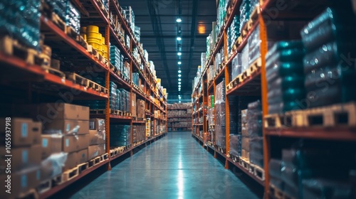 Large warehouse aisle with shelves filled with products photo