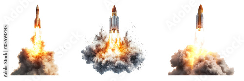 Set of Rockets launching with fire and smoke isolated on a transparent background