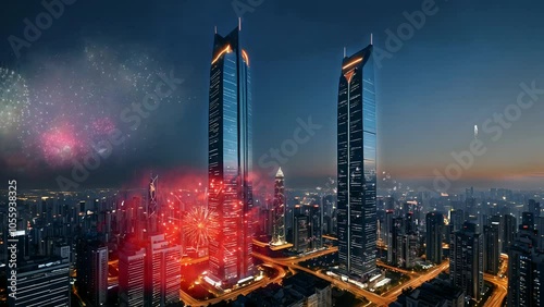 Wallpaper Mural Tall skyscrapers with vibrant fireworks illuminating the evening sky in a bustling city. seamless looping time-lapse 4K video background Torontodigital.ca