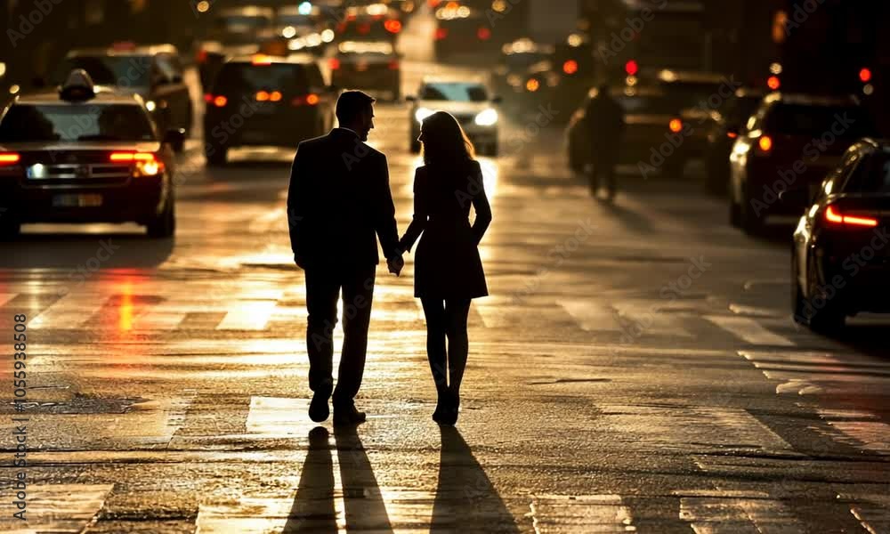 Silhouetted couple walking in a bustling city street. Silhouetted couple walking in a bustling city street.