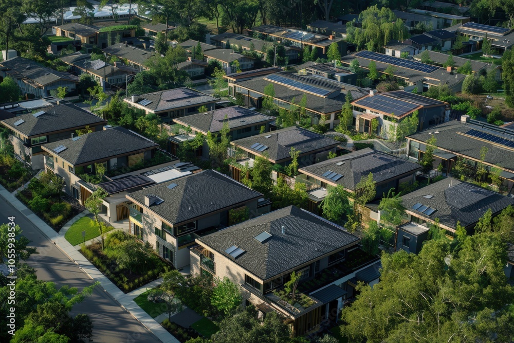 Obraz premium Sustainable Passive House Community with Energy-Efficient Designs and Green Landscaping