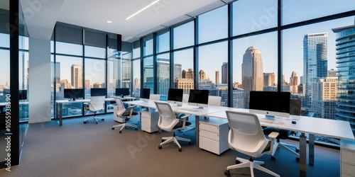 Modern office interior, floor-to-ceiling windows, panoramic city skyline view, open plan workspace, sleek white desks, ergonomic office chairs, minimalist design, natural light, urban corporate enviro