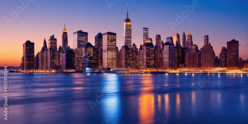 New York City skyline, Manhattan, iconic skyscrapers, Freedom Tower, sunset, golden hour, East River, city lights, reflections on water, urban landscape, panoramic view, cityscape, dusk, illuminated b