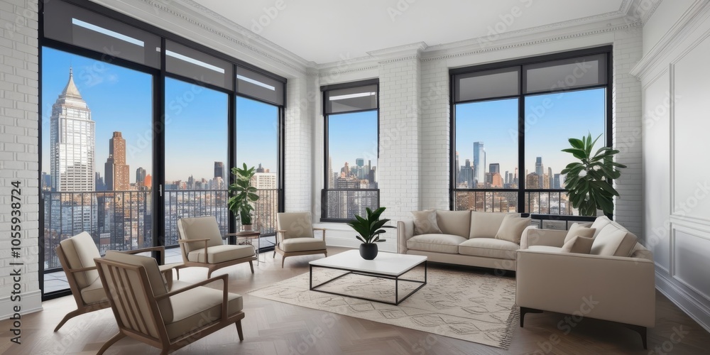 Fototapeta premium Modern loft apartment, floor-to-ceiling windows, panoramic city skyline view, minimalist interior design, white brick walls, hardwood floors, contemporary furniture, potted plants, natural light, open