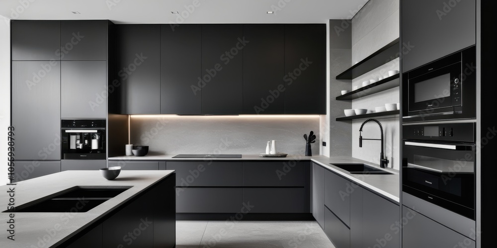 Modern minimalist kitchen, black cabinetry, white countertops, sleek appliances, large window, natural light, open concept, monochromatic design, architectural lighting, high-end finishes, clean lines Modern minimalist kitchen, black cabinetry, white countertops, sleek appliances, large window, natural light, open concept, monochromatic design, architectural lighting, high-end finishes, clean lines