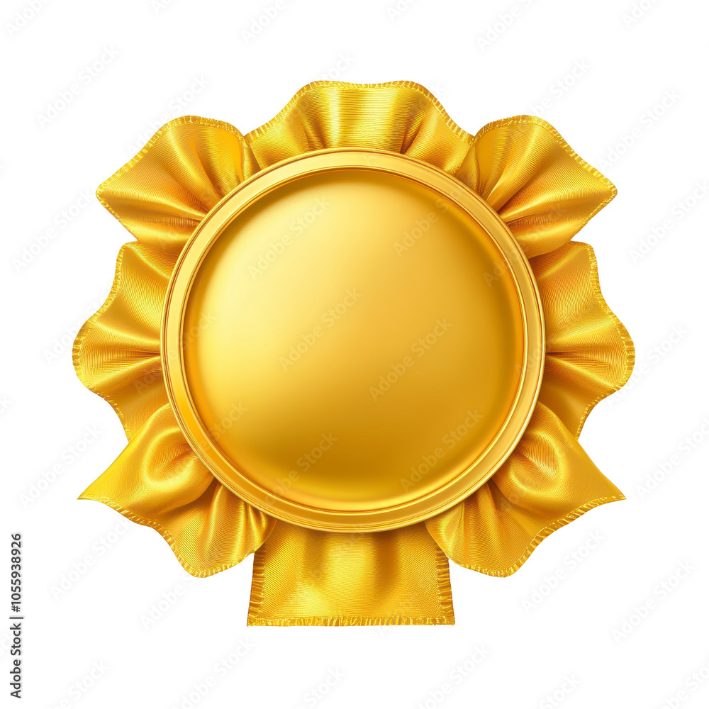 Gold Ribbon Badge, symbolizes achievement, prestige, elegantly designed with a smooth, reflective surface, surrounded by ruffled fabric. Isolated on white background or PNG Gold Ribbon Badge, symbolizes achievement, prestige, elegantly designed with a smooth, reflective surface, surrounded by ruffled fabric. Isolated on white background or PNG