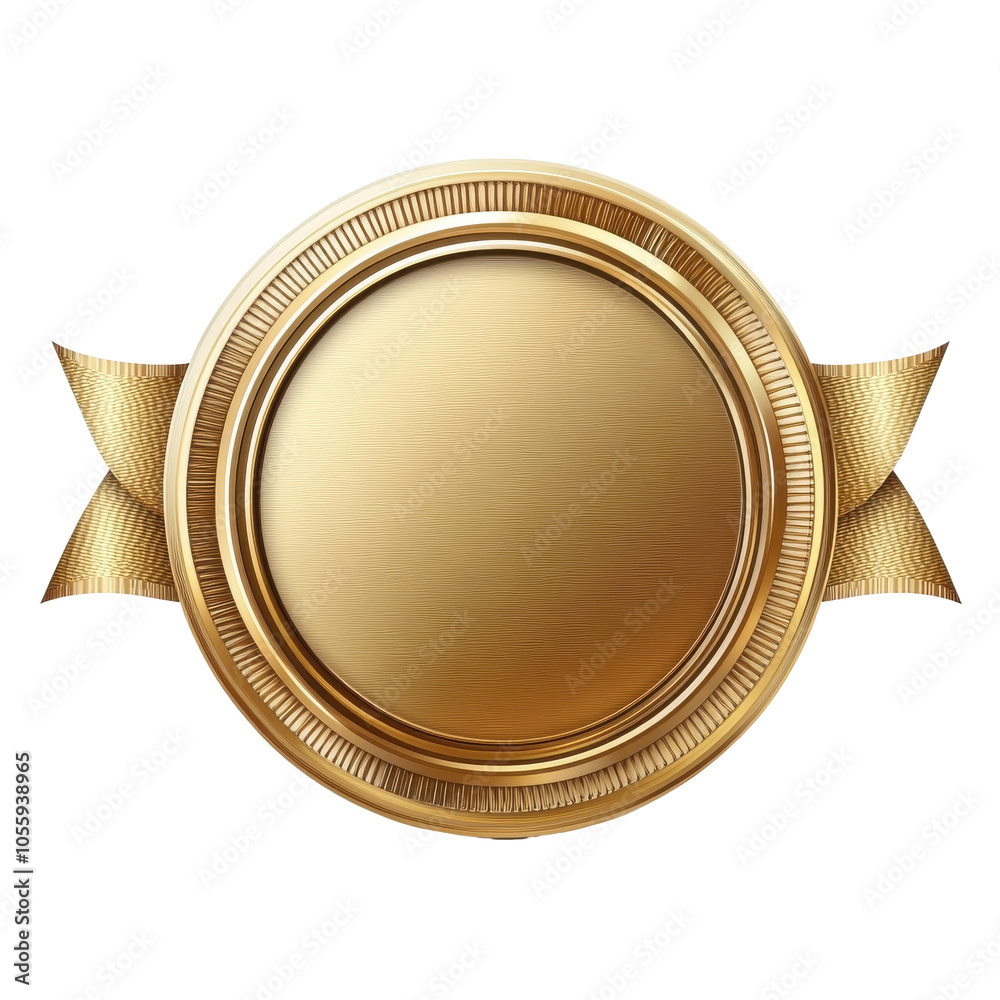 Golden Emblem Ribbon, circular gold award with textured ribbon highlights, elegant, suitable for recognition or celebration Isolated on white background or PNG Golden Emblem Ribbon, circular gold award with textured ribbon highlights, elegant, suitable for recognition or celebration Isolated on white background or PNG
