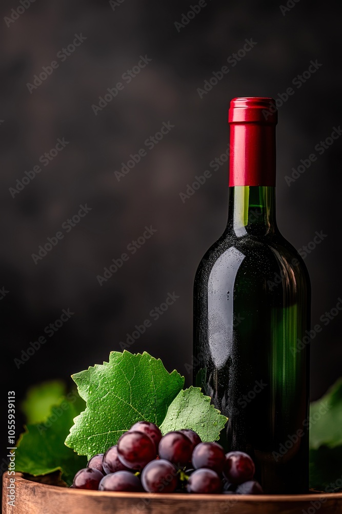 Obraz premium A stylish wine bottle stands elegantly with fresh grapes and green leaves, perfect for promoting vineyards, wine tasting events, or gourmet dining, This image evokes sophistication and indulgence,
