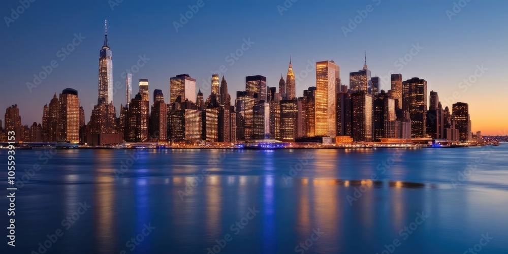 New York City skyline, Manhattan, iconic skyscrapers, Freedom Tower, sunset, golden hour, East River, city lights, reflections on water, urban landscape, panoramic view, cityscape, dusk, illuminated b New York City skyline, Manhattan, iconic skyscrapers, Freedom Tower, sunset, golden hour, East River, city lights, reflections on water, urban landscape, panoramic view, cityscape, dusk, illuminated b