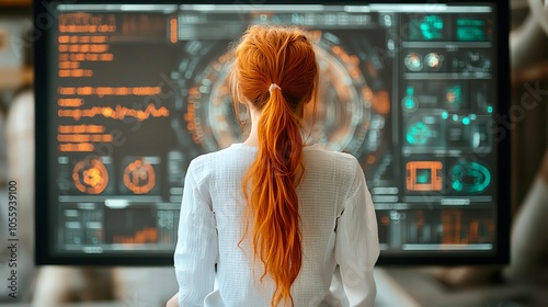 Woman with red hair working on advanced technology interface in modern workspace. photo