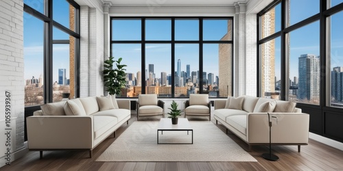 Modern loft apartment  floor-to-ceiling windows  panoramic city skyline view  minimalist interior design  white brick walls  hardwood floors  contemporary furniture  potted plants  natural light  open