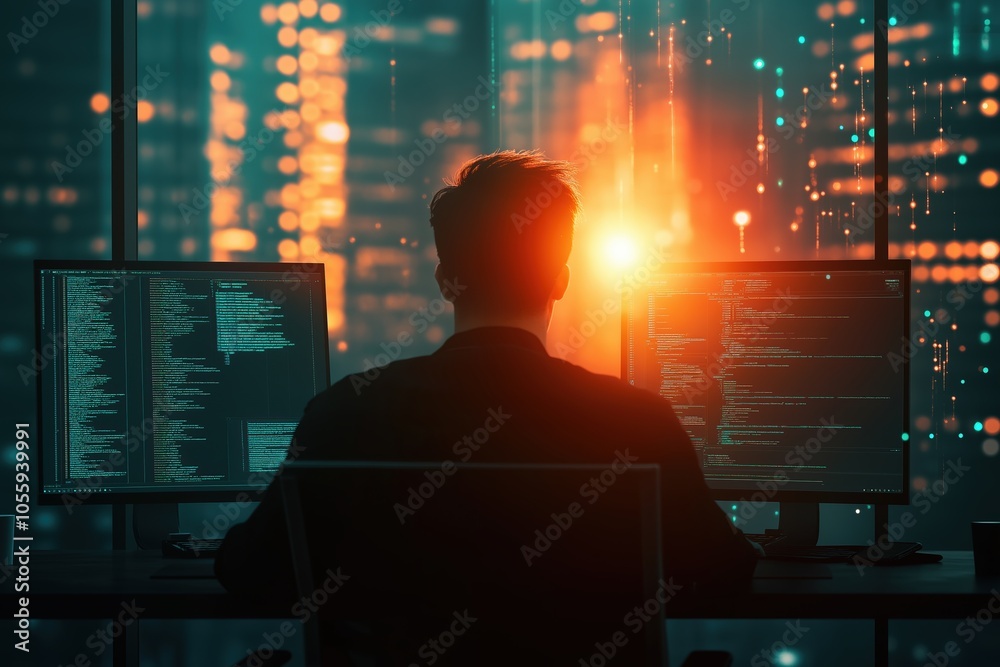 Silhouette of man working on computer in office with city skyline at sunset, modern technology, coding Silhouette of man working on computer in office with city skyline at sunset, modern technology, coding