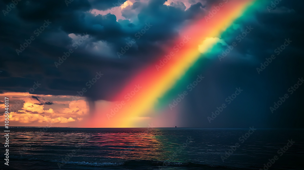Vibrant rainbow arching over a serene ocean at sunset Vibrant rainbow arching over a serene ocean at sunset