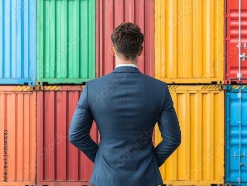 Businessman in a suit standing before colorful shipping containers, contemplating logistics and trade opportunities. photo