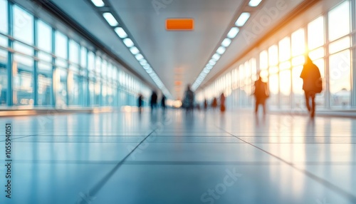 Busy hallway in modern building during sunset with silhouettes of people walking, creating a dynamic atmosphere.