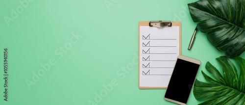 Checklist on a clipboard with a smartphone and green leaves against a mint background.