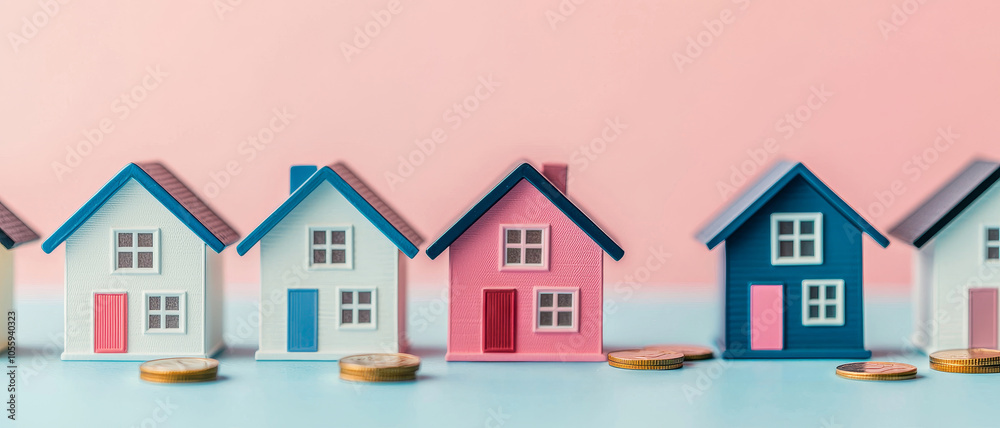 Colorful miniature houses lined up against a soft pastel background, creating a charming and playful real estate theme. Colorful miniature houses lined up against a soft pastel background, creating a charming and playful real estate theme.