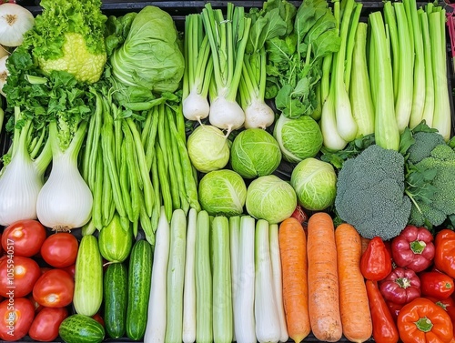 Fresh vegetables including tomatoes, cucumbers, broccoli, and lettuce displayed on a market stall. photo