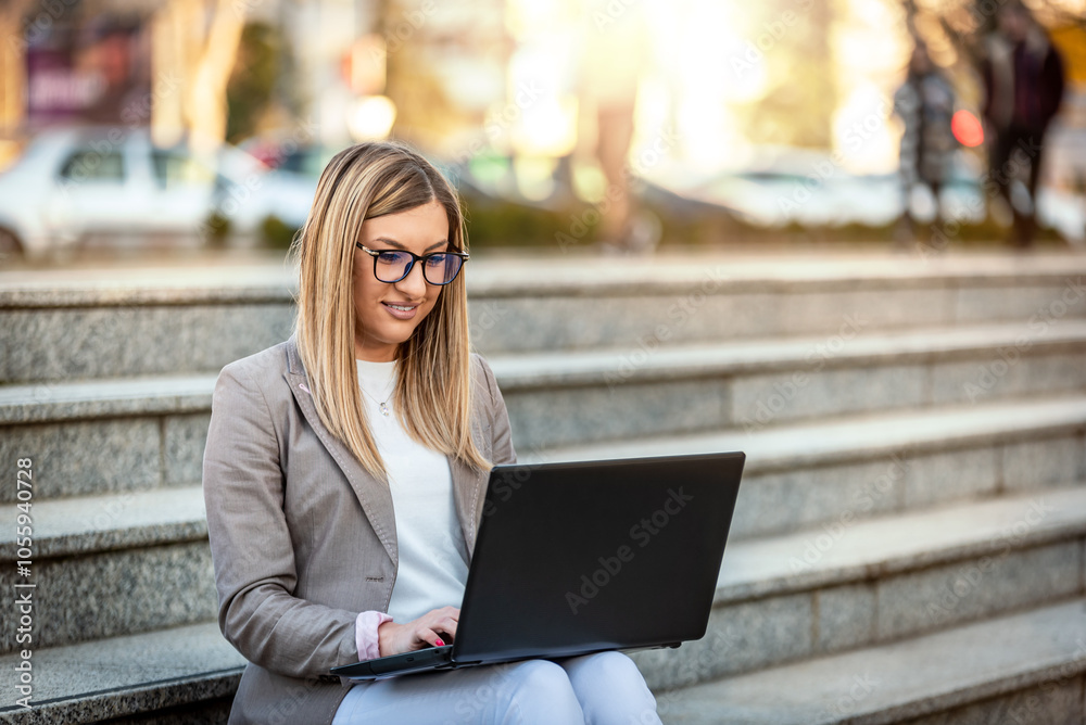 Successful businesswoman working at laptop among office. Beautiful girl doing some job outdoors. Attractive blonde woman wearing glasses and sitting at stairs in front the office. Successful businesswoman working at laptop among office. Beautiful girl doing some job outdoors. Attractive blonde woman wearing glasses and sitting at stairs in front the office.