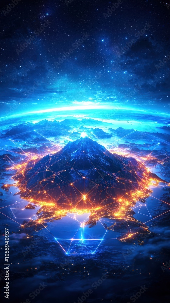 A Stunning Digital Landscape of a Mountain Surrounded by Illuminated Connections and Cosmic Beauty A Stunning Digital Landscape of a Mountain Surrounded by Illuminated Connections and Cosmic Beauty