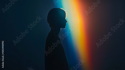 Silhouette of a person against a colorful light backdrop