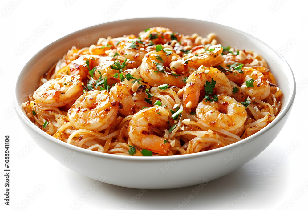 Closeup Shot of Delectable Pad Thai Noodles in a White Dish on a Soft Lit Background
