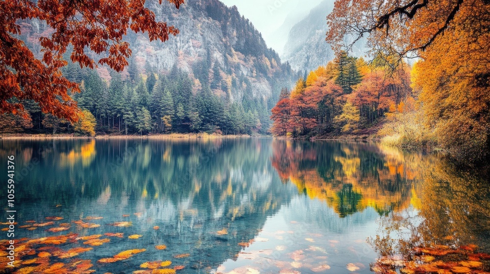 Naklejka premium Wide view of a lake surrounded by autumn trees with vibrant colors, calm water reflecting the foliage