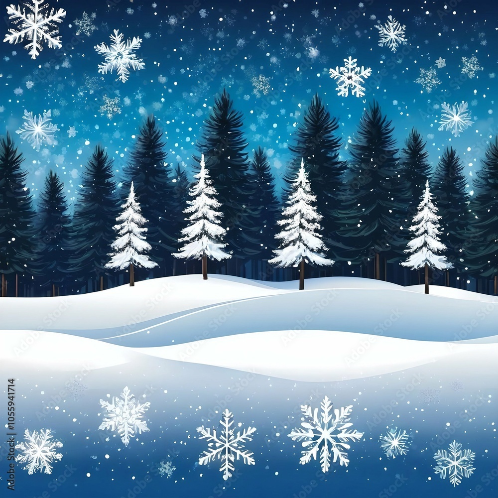 Snowy Forest with Pine Trees and Snowflakes Snowy Forest with Pine Trees and Snowflakes