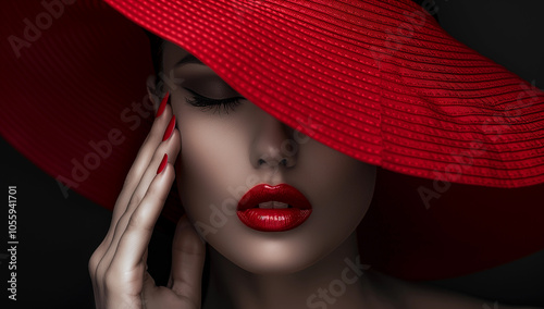 Elegant woman with red lipstick and a wide-brimmed hat exudes mystery