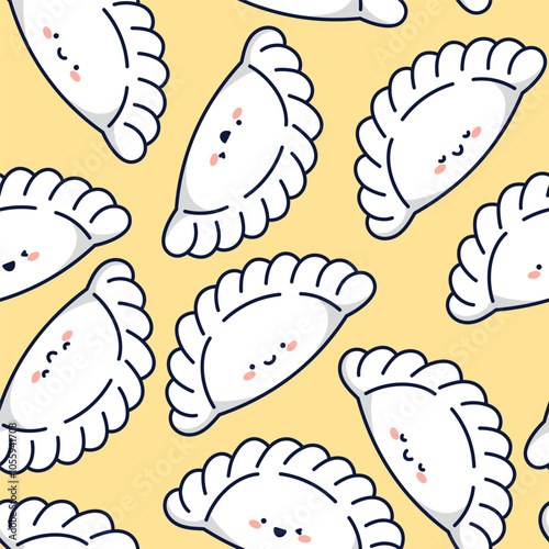 Vector seamless pattern with cute kawaii dumplings characters on yellow background