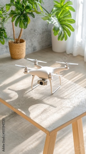 A sleek drone positioned on a wooden table, surrounded by lush greenery. Soft sunlight illuminates the scene, creating a serene and stylish indoor atmosphere.
