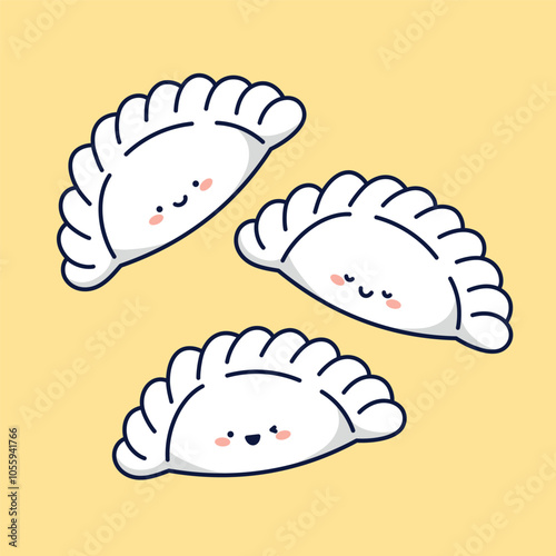 Vector set of cute kawaii dumplings characters on yellow background