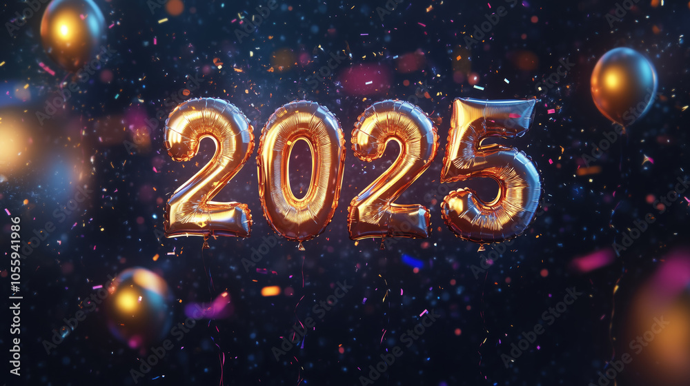 Happy new year 2025 balloons gold foil and confetti over blue background, generative ai Happy new year 2025 balloons gold foil and confetti over blue background, generative ai