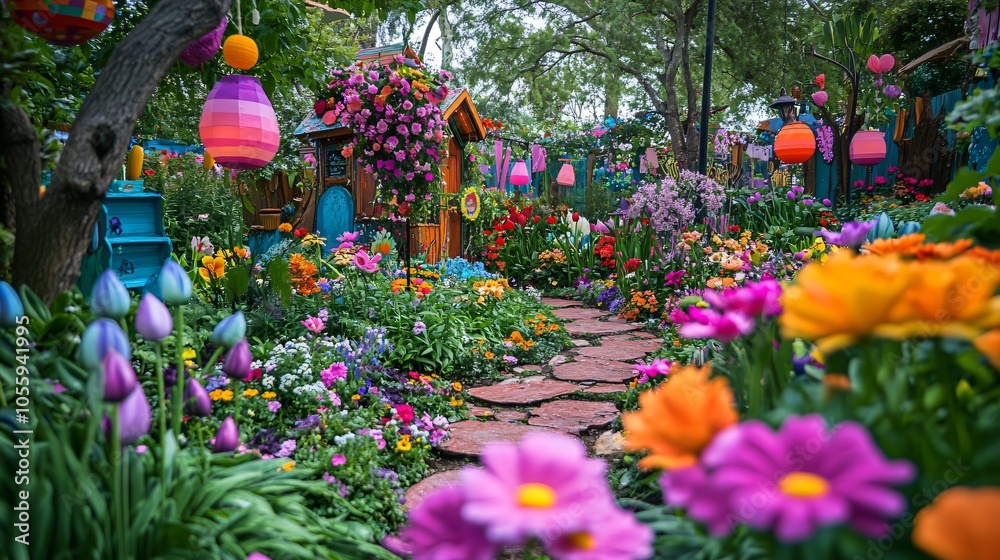 Colorful Garden Path with Stone Steps and Flower Beds Colorful Garden Path with Stone Steps and Flower Beds