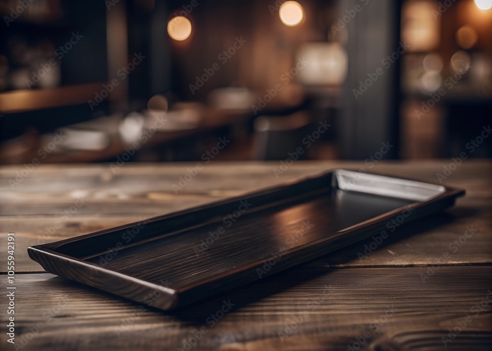 empty black tray isolated on wooden table, on dark blurred background
empty black tray isolated on wooden table, on dark blurred background