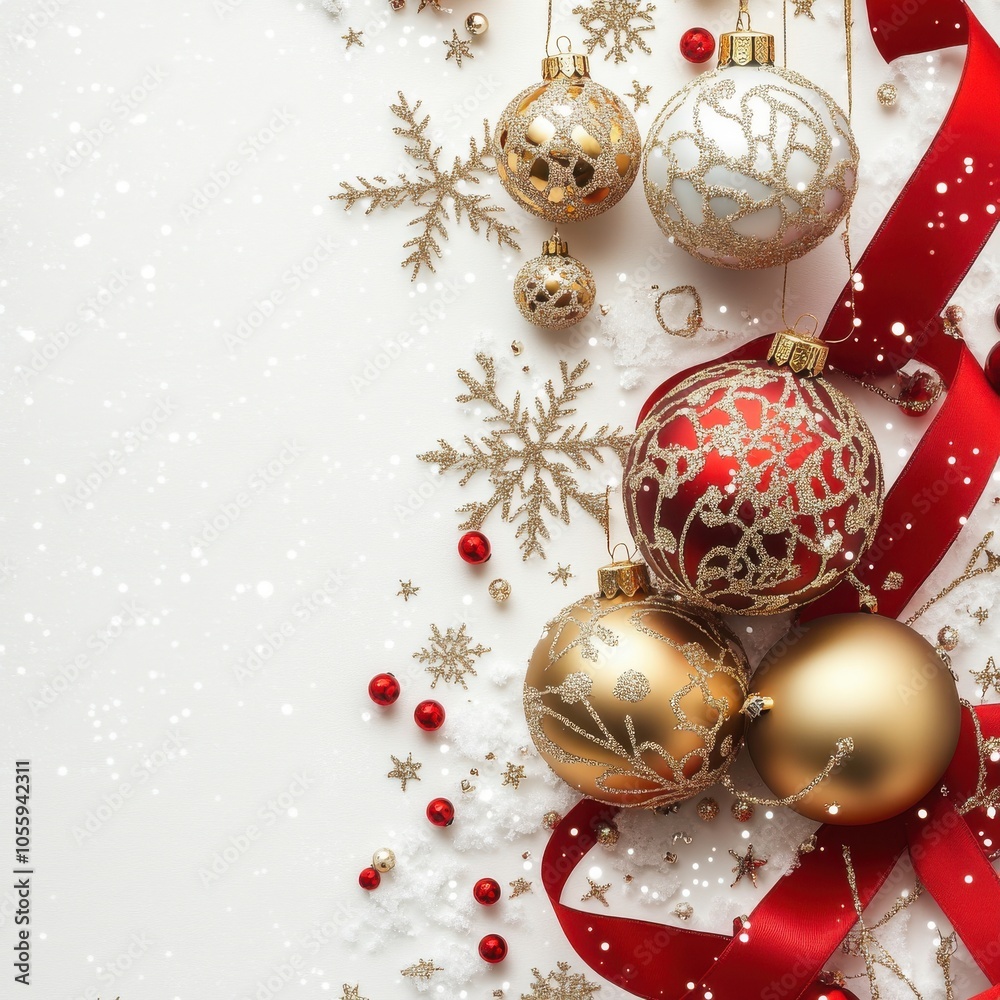 Classic Christmas card background with red ribbon, sparkling snowflakes, and golden baubles against a snowy white backdrop. Classic Christmas card background with red ribbon, sparkling snowflakes, and golden baubles against a snowy white backdrop.