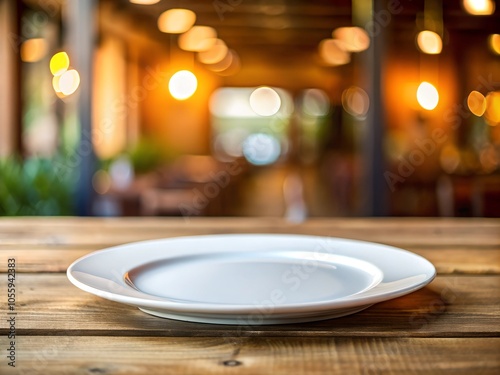 
white plate isolated on wooden table, against bokeh background