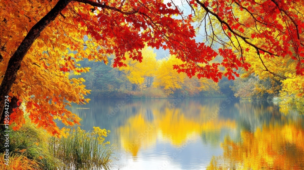 Fototapeta premium Wide view of a lake surrounded by autumn trees with vibrant colors, calm water reflecting the foliage