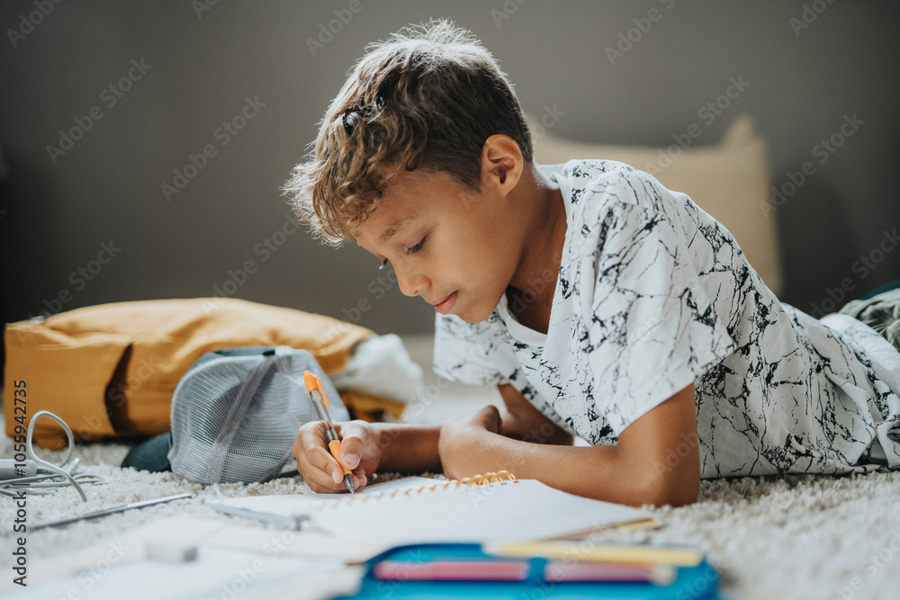 Focused boy writing in diary while lying on front at home