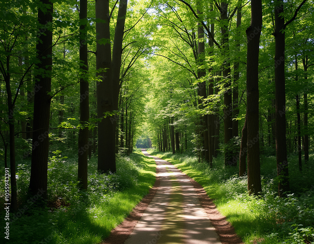 Fototapeta premium peaceful forest path surrounded by towering trees and vibrant greenery