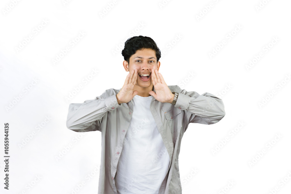 Young Teenager in shirt and vest gives expression of happiness and sadness points with gestures with hands Young Teenager in shirt and vest gives expression of happiness and sadness points with gestures with hands