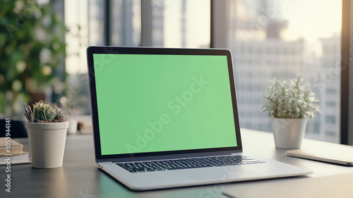 
Laptop computer with Green screen Mock-up on working desk in office with no people