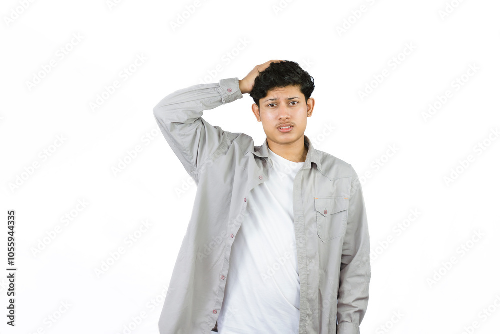 Young Teenager in shirt and vest gives expression of happiness and sadness points with gestures with hands Young Teenager in shirt and vest gives expression of happiness and sadness points with gestures with hands