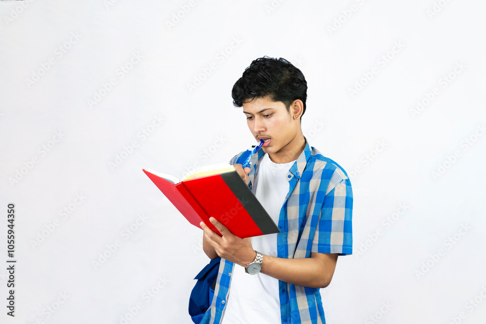 Young Male Study Abroad Concept with Bag, Books and headphone gives expression and gestures Student Young Male Study Abroad Concept with Bag, Books and headphone gives expression and gestures Student