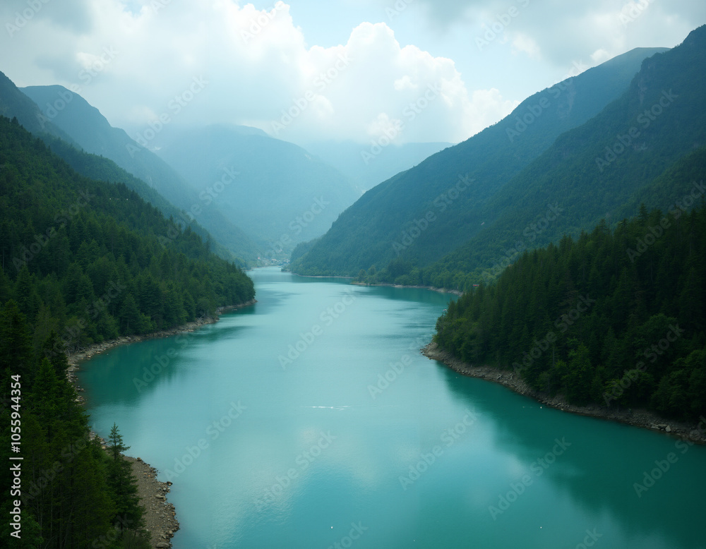 a turquoise river gently curves through a dense forested valley a turquoise river gently curves through a dense forested valley
