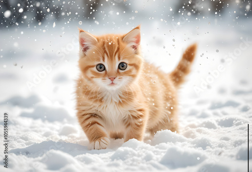 a small, cute orange or yellow kitten playing and running in the snow