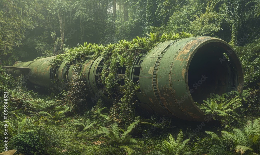 Jungle overgrowth consumes an abandoned aircraft. Jungle overgrowth consumes an abandoned aircraft.